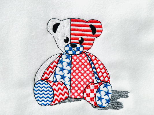 Patriotic Patchwork Teddy Bear patterned Teddy outline machine embroidery designs sizes 4 up to 7.5 inches US flag American 4th of July
