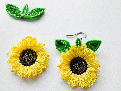 Fringed Fluffy Sunflower earrings and mini Leaf add-on charm pendant | Artapli - image 2