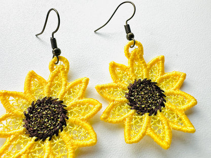 Sunflower charm earrings FSL freestanding lace machine embroidery designs ids girls pretty earrings simply in the hoop ITH project gift idea - image 4
