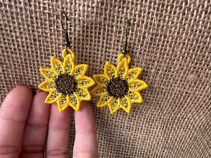 Sunflower charm earrings FSL freestanding lace machine embroidery designs ids girls pretty earrings simply in the hoop ITH project gift idea - image 2