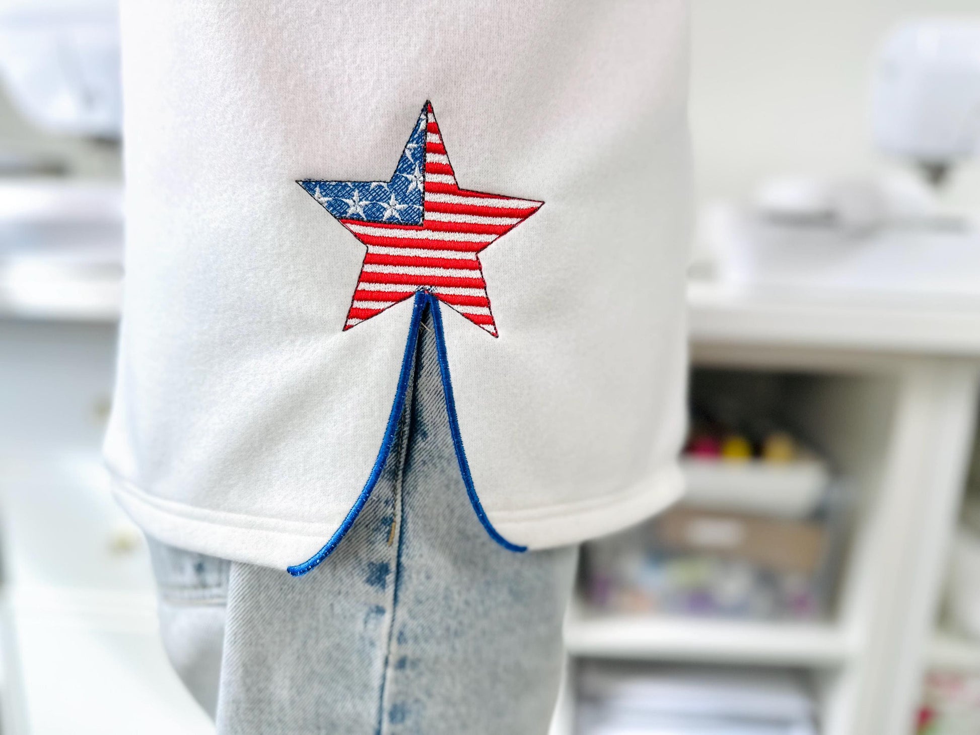 Patriotic Star split side seam cutout side bow machine embroidery designs stars and stripes 4th of July girls t-shirt sweatshirt design