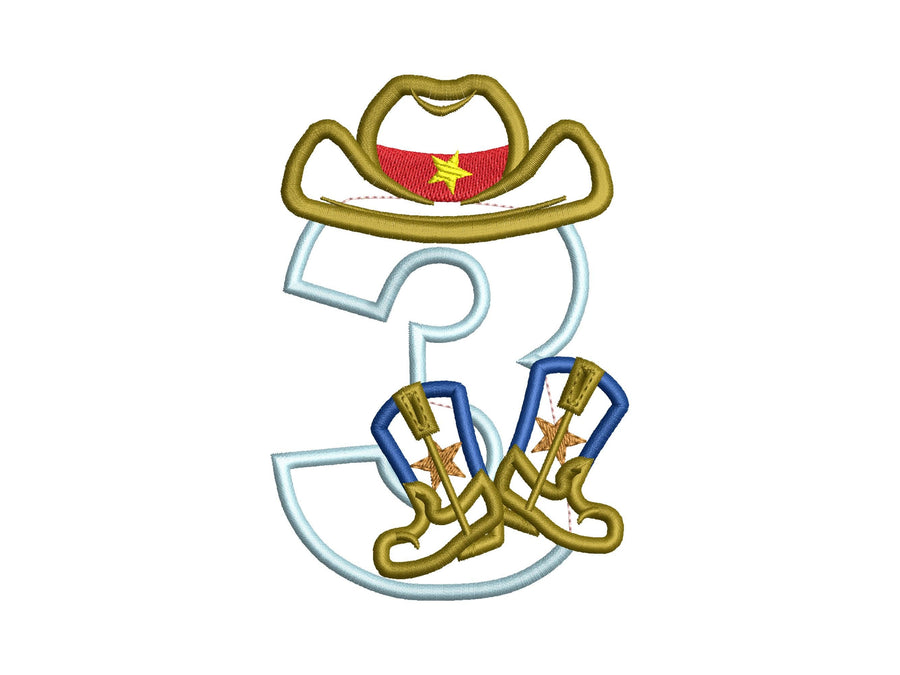 Cowboy Birthday Number Three 3 Applique Embroidery 5" 6" 7" | PES DST JEF | Artapli