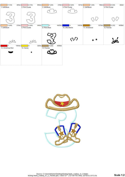 Cowboy Birthday Number Three 3 – Appliqué machine embroidery design by Artapli