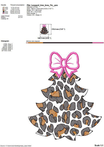 Leopard print with bow Christmas tree animal print Woodland Tree Applique light stitch outline machine embroidery designs