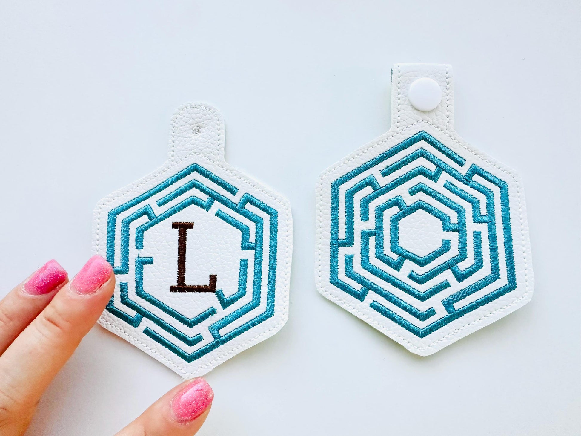 Hexagon Labyrinth frame and initial Monogram Eyelet and Key Fob snap tab in the hoop ITH keychain machine embroidery designs kids gift idea