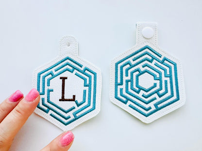 Hexagon Labyrinth frame and initial Monogram Eyelet and Key Fob snap tab in the hoop ITH keychain machine embroidery designs kids gift idea