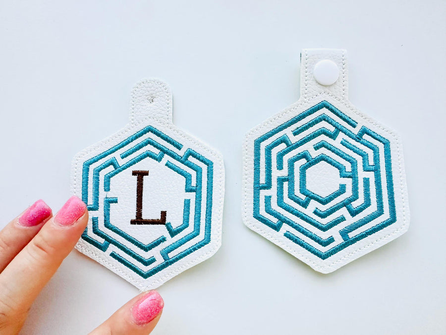 Hexagon Labyrinth frame and initial Monogram Eyelet and Key Fob snap tab in the hoop ITH keychain machine embroidery designs kids gift idea