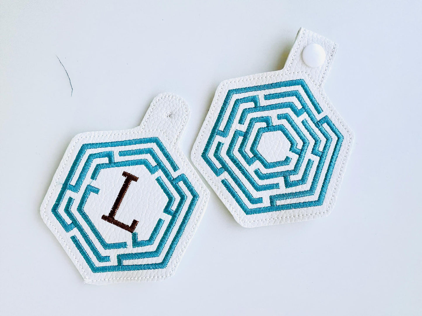 Hexagon Labyrinth frame and initial Monogram Eyelet and Key Fob snap tab in the hoop ITH keychain machine embroidery designs kids gift idea