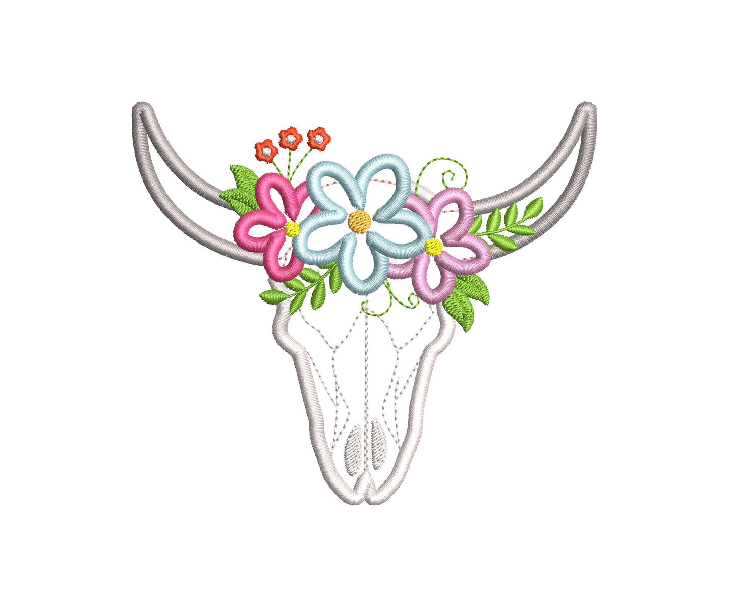 Cow Bull skull with shabby chick flowers crown Applique floral Bull Antlers machine embroidery design 