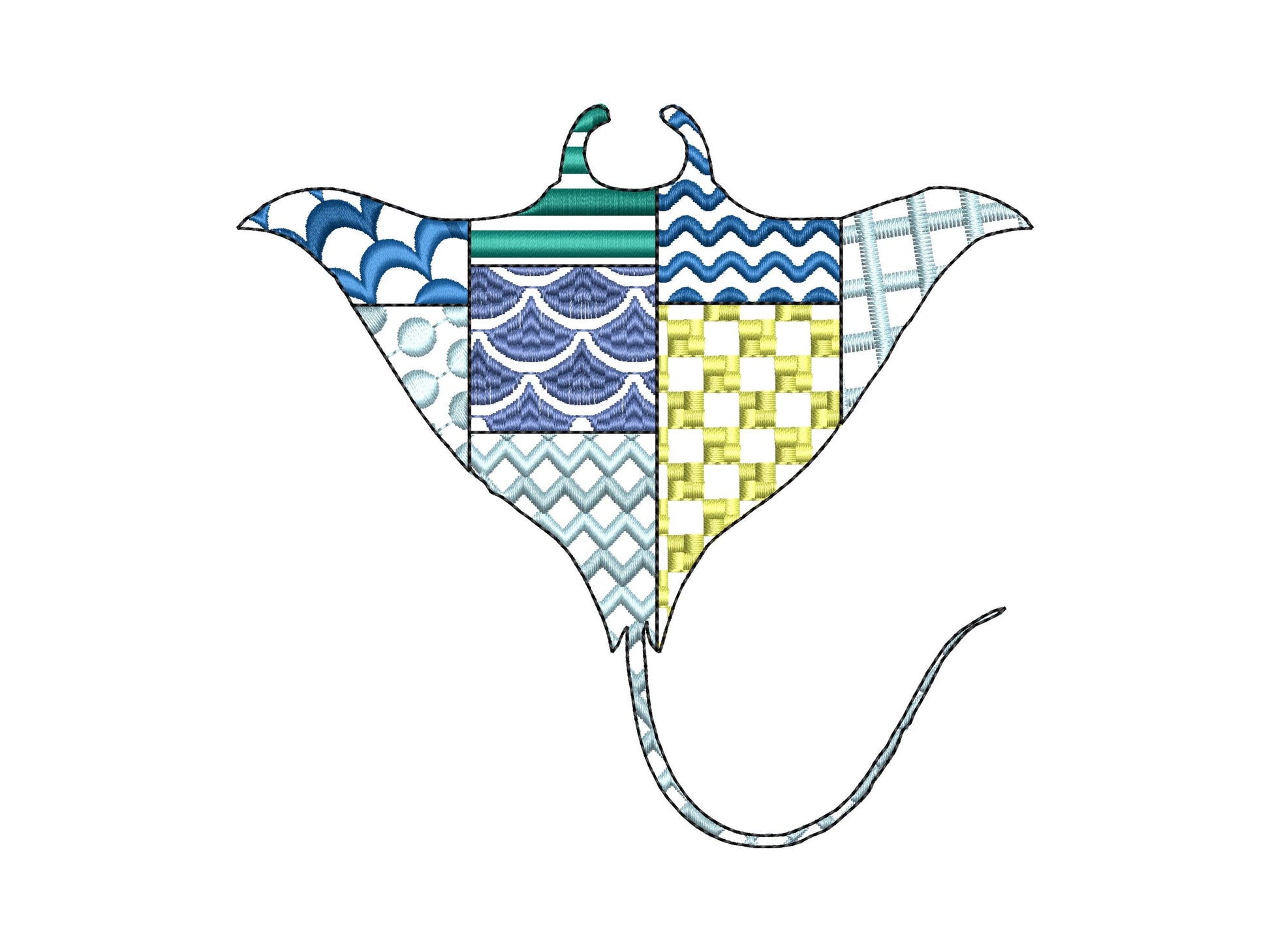 Patchwork Ray patterned sea life ocean animal Skate fish outline machine embroidery designs sizes 4 up to 8 inches boys beach t-shirt design