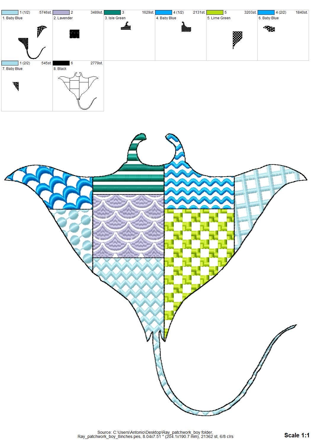 Patchwork Ray patterned sea life ocean animal Skate fish outline machine embroidery designs sizes 4 up to 8 inches boys beach t-shirt design