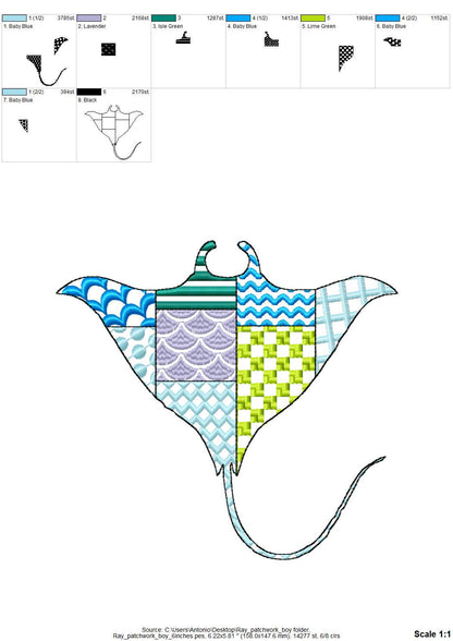 Patchwork Ray patterned sea life ocean animal Skate fish outline machine embroidery designs sizes 4 up to 8 inches boys beach t-shirt design
