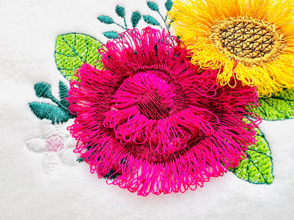 Fringed Sunflower and Rose Peony Bouquet Fluffy Fringe Flower Girls Machine Embroidery Designs Fuzzy Chenille Design