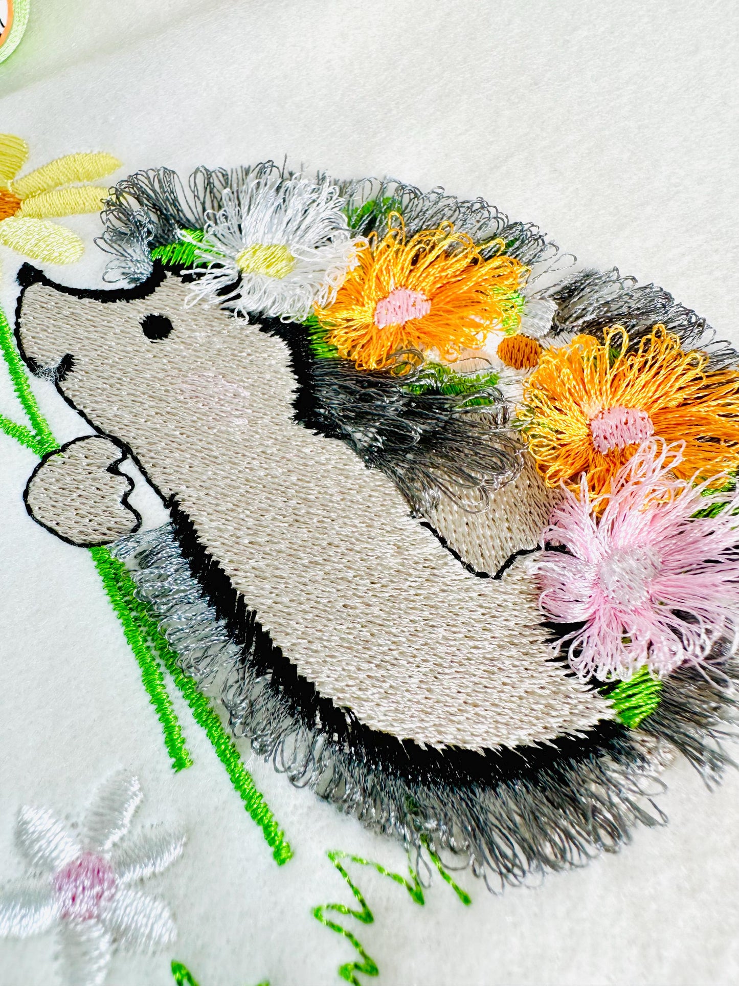 Cute Fringed Fluffy Hedgehog With Flower Stem Floral Fringe Machine Embroidery Designs Kids Girls T-shirt Fuzzy Design