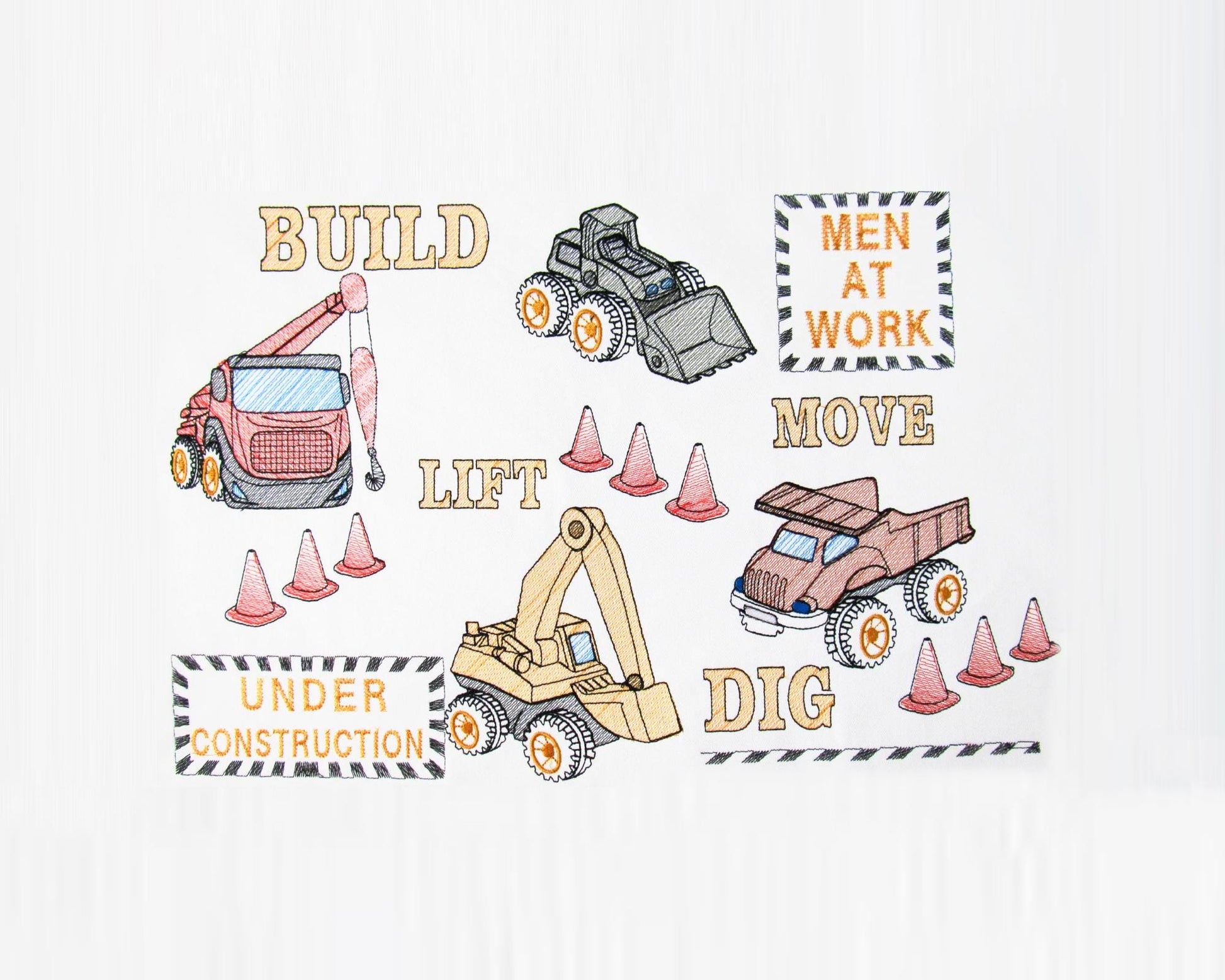 Builder Equipment CAT Tractor Digger Big SET light stitch machine embroidery designs kids boys construction vehicle