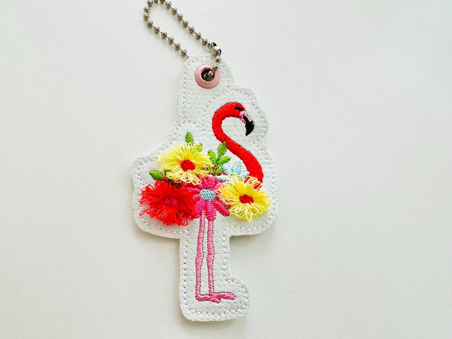 Fringed floral Flamingo Eyelet and key fob snap tab in the hoop machine embroidery designs pretty bird ITH project kids girls keychain tag