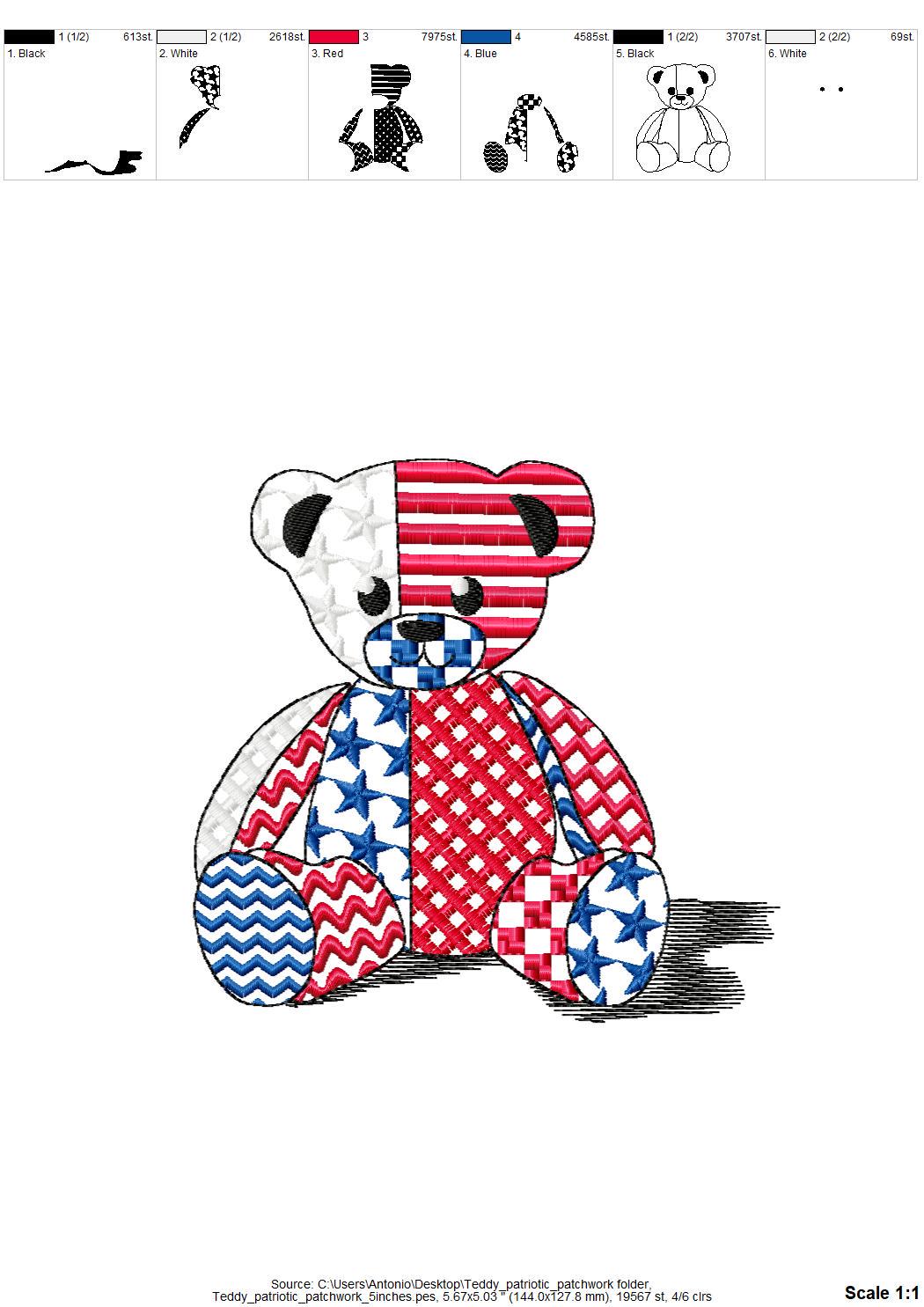 Patriotic Patchwork Teddy Bear patterned Teddy outline machine embroidery designs sizes 4 up to 7.5 inches US flag American 4th of July