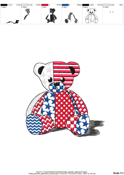 Patriotic Patchwork Teddy Bear patterned Teddy outline machine embroidery designs sizes 4 up to 7.5 inches US flag American 4th of July