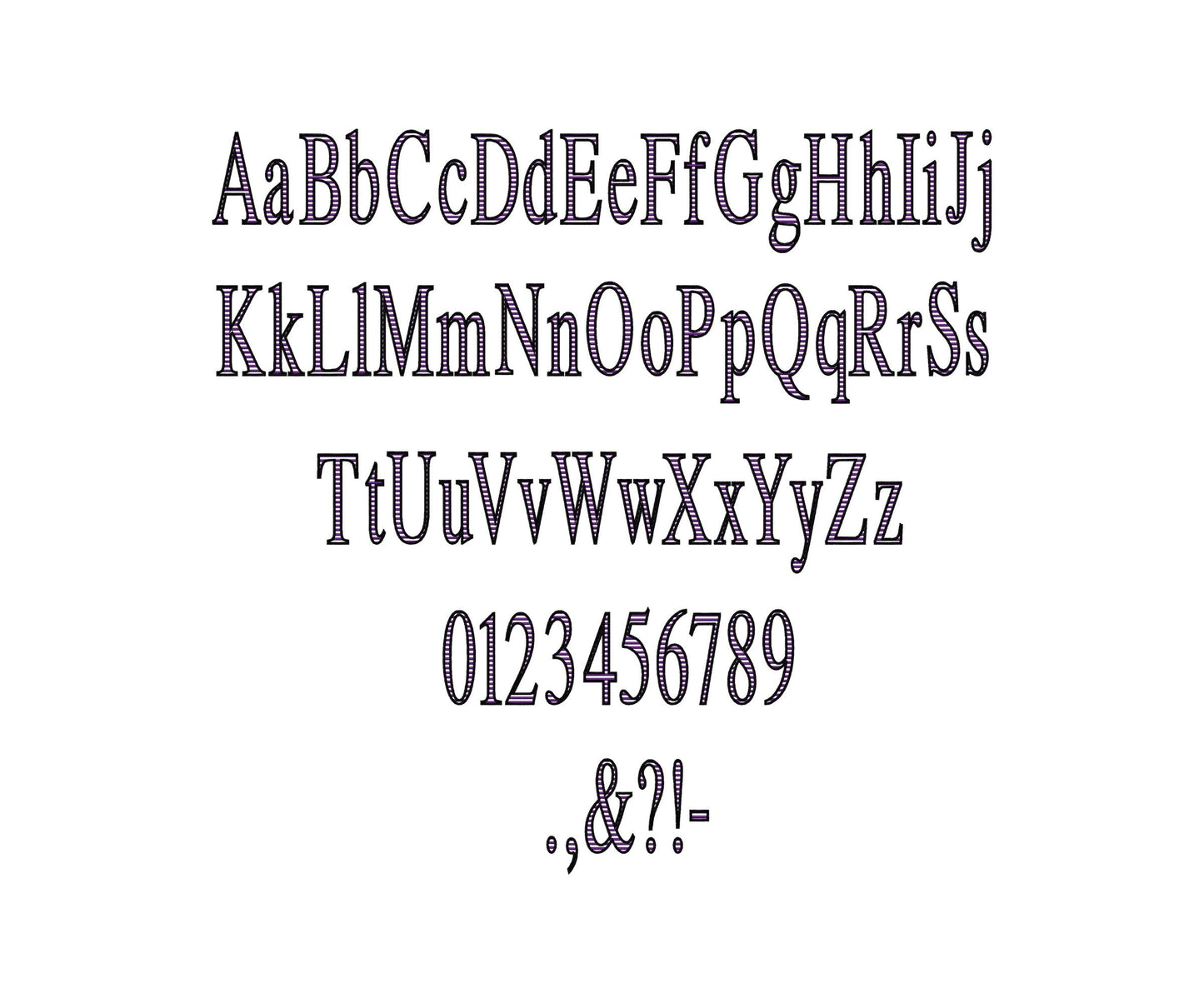 Block Striped Narrow Font satin stitch alphabet monogram letters numbers punctuation machine embroidery designs sizes 2 up to 4.5 inch, BX