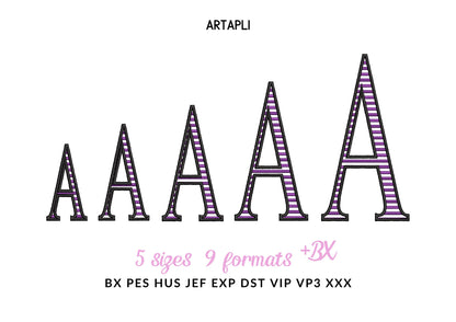Block Striped Narrow Font satin stitch alphabet monogram letters numbers punctuation machine embroidery designs sizes 2 up to 4.5 inch, BX