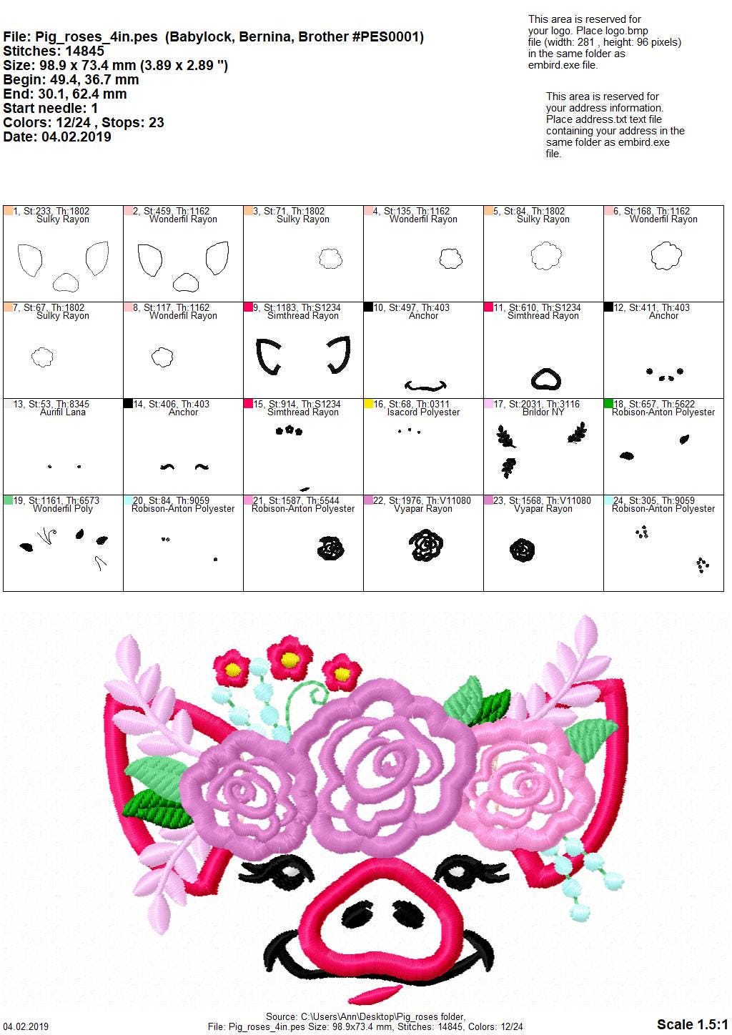 Pretty eyes Pig face with shabby chic rose floral crown Applique machine embroidery designs Piggie Piggy Piglet farm girl