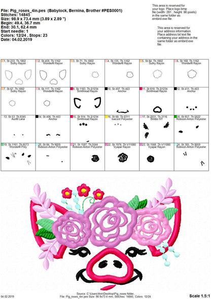 Pretty eyes Pig face with shabby chic rose floral crown Applique machine embroidery designs Piggie Piggy Piglet farm girl