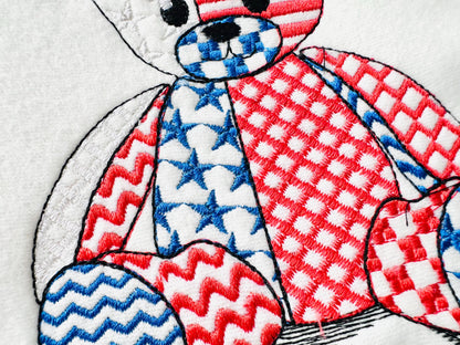 Patriotic Patchwork Teddy Bear patterned Teddy outline machine embroidery designs sizes 4 up to 7.5 inches US flag American 4th of July
