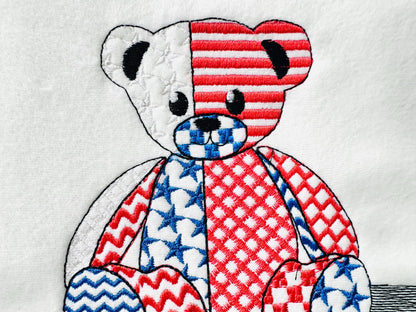 Patriotic Patchwork Teddy Bear patterned Teddy outline machine embroidery designs sizes 4 up to 7.5 inches US flag American 4th of July