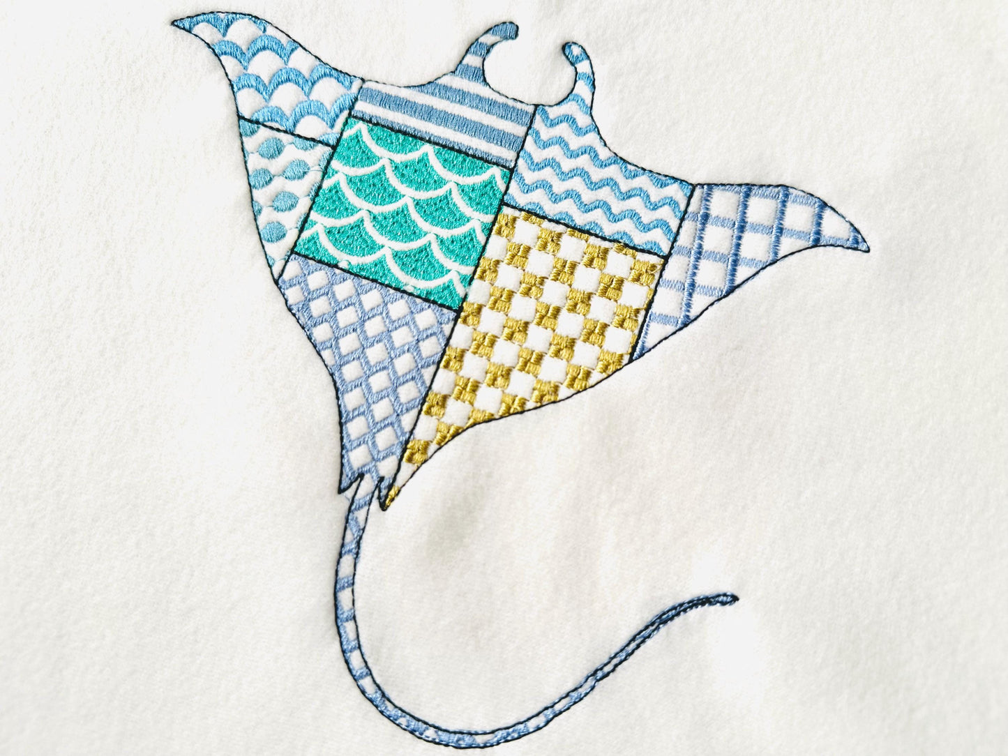 Patchwork Ray patterned sea life ocean animal Skate fish outline machine embroidery designs sizes 4 up to 8 inches boys beach t-shirt design