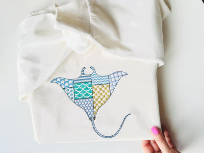 Patchwork Ray patterned sea life ocean animal Skate fish outline machine embroidery designs sizes 4 up to 8 inches boys beach t-shirt design