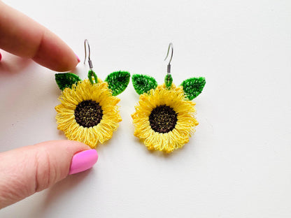 Fringed Fluffy Sunflower earrings and mini Leaf add-on charm pendant | Artapli - image 3