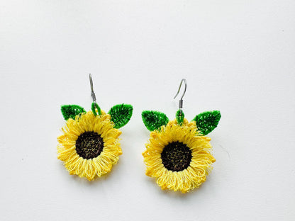 Fringed Fluffy Sunflower earrings and mini Leaf add-on charm pendant | Artapli - image 4