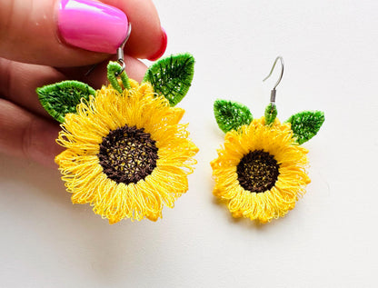 Fringed Fluffy Sunflower earrings and mini Leaf add-on charm pendant | Artapli - image 1