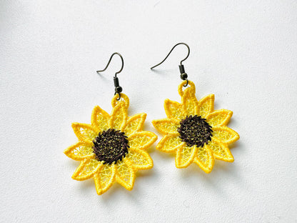 Sunflower charm earrings FSL freestanding lace machine embroidery designs ids girls pretty earrings simply in the hoop ITH project gift idea - image 1