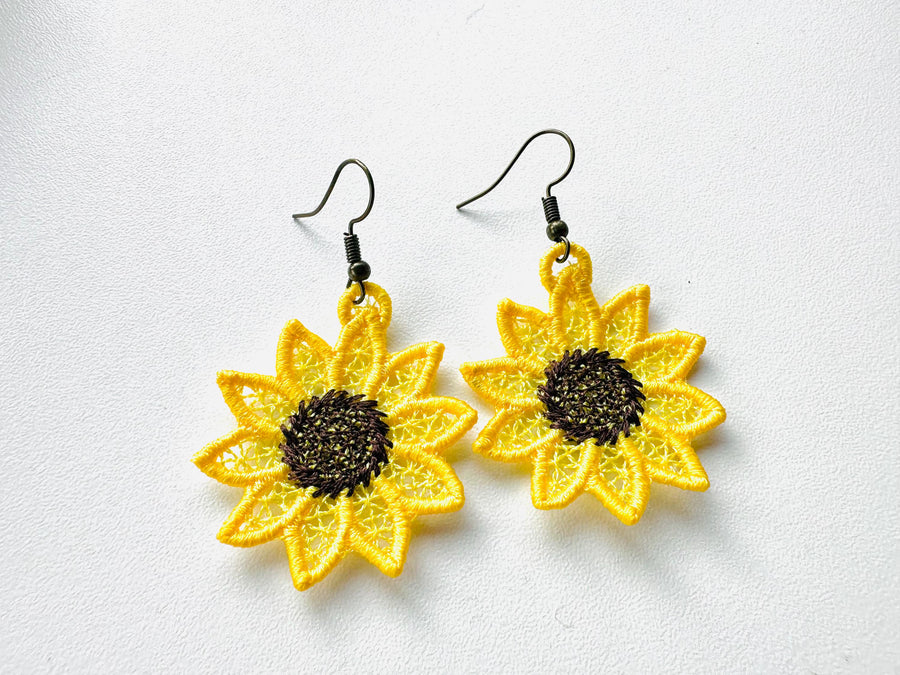 Sunflower charm earrings FSL freestanding lace machine embroidery designs ids girls pretty earrings simply in the hoop ITH project gift idea - image 1
