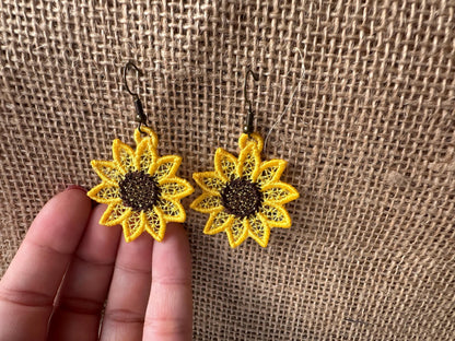 Sunflower charm earrings FSL freestanding lace machine embroidery designs ids girls pretty earrings simply in the hoop ITH project gift idea - image 3