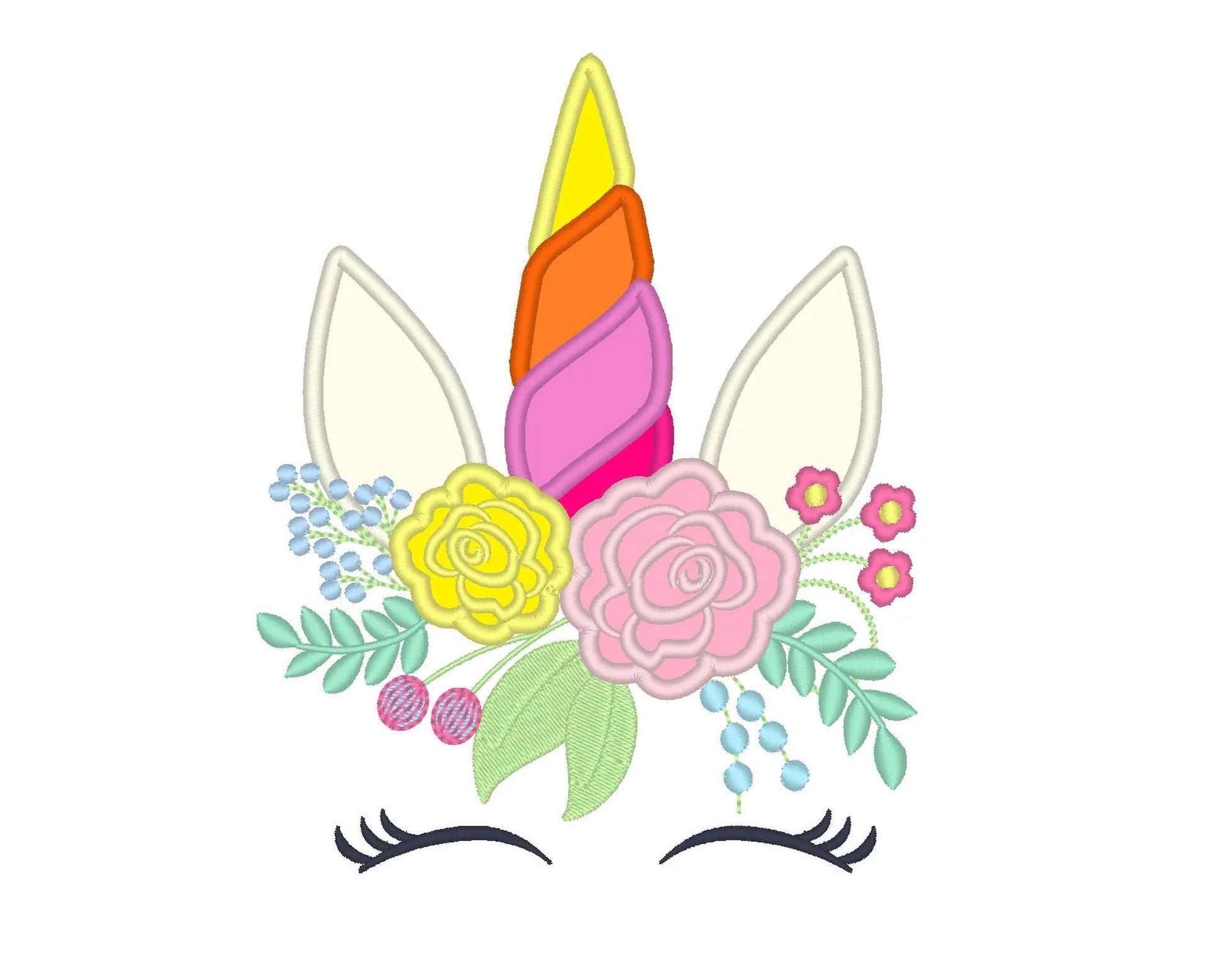 Unicorn head with shabby chic floral bouquet crown Applique girls machine embroidery designs