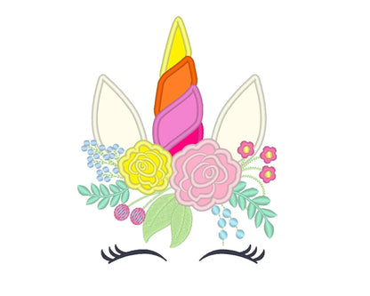 Unicorn head with shabby chic floral bouquet crown Applique girls machine embroidery designs