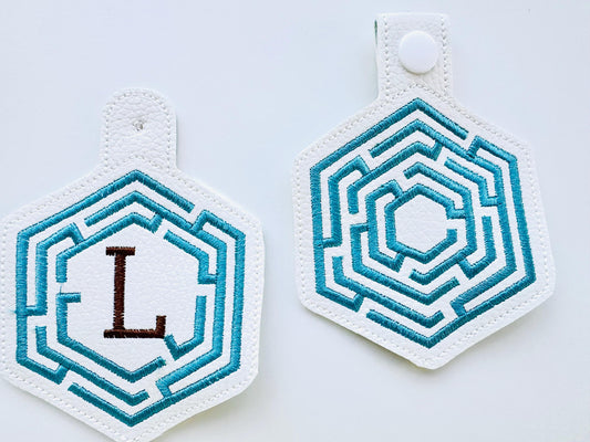 Hexagon Labyrinth frame and initial Monogram Eyelet and Key Fob snap tab in the hoop ITH keychain machine embroidery designs kids gift idea