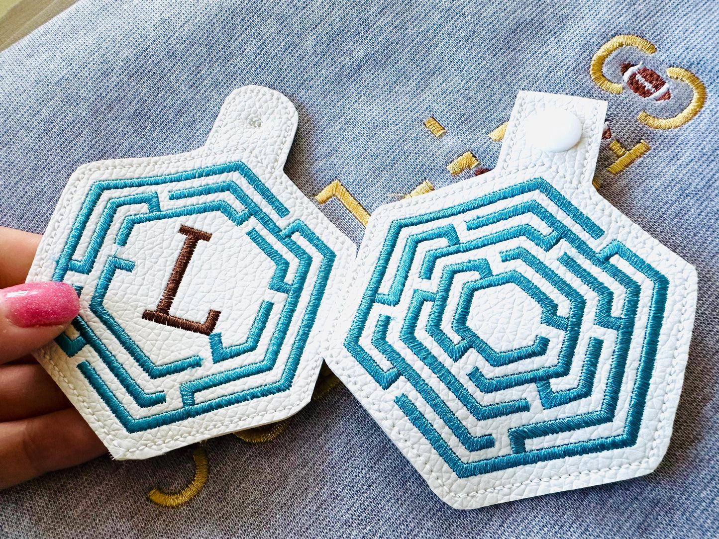 Hexagon Labyrinth frame and initial Monogram Eyelet and Key Fob snap tab in the hoop ITH keychain machine embroidery designs kids gift idea