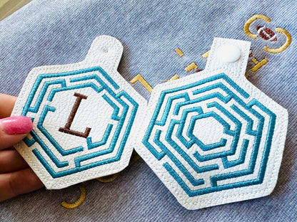 Hexagon Labyrinth frame and initial Monogram Eyelet and Key Fob snap tab in the hoop ITH keychain machine embroidery designs kids gift idea