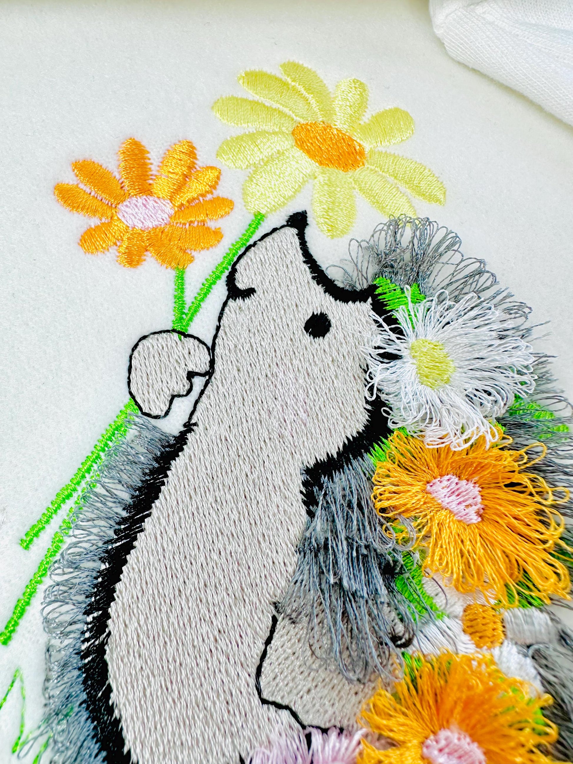 Cute Fringed Fluffy Hedgehog With Flower Stem Floral Fringe Machine Embroidery Designs Kids Girls T-shirt Fuzzy Design