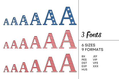 Patriotic block Font SET of 3 types Stars and Stripes alphabet machine embroidery designs 4th of July Monogram sizes 1.2 up to 3.4 inch, BX