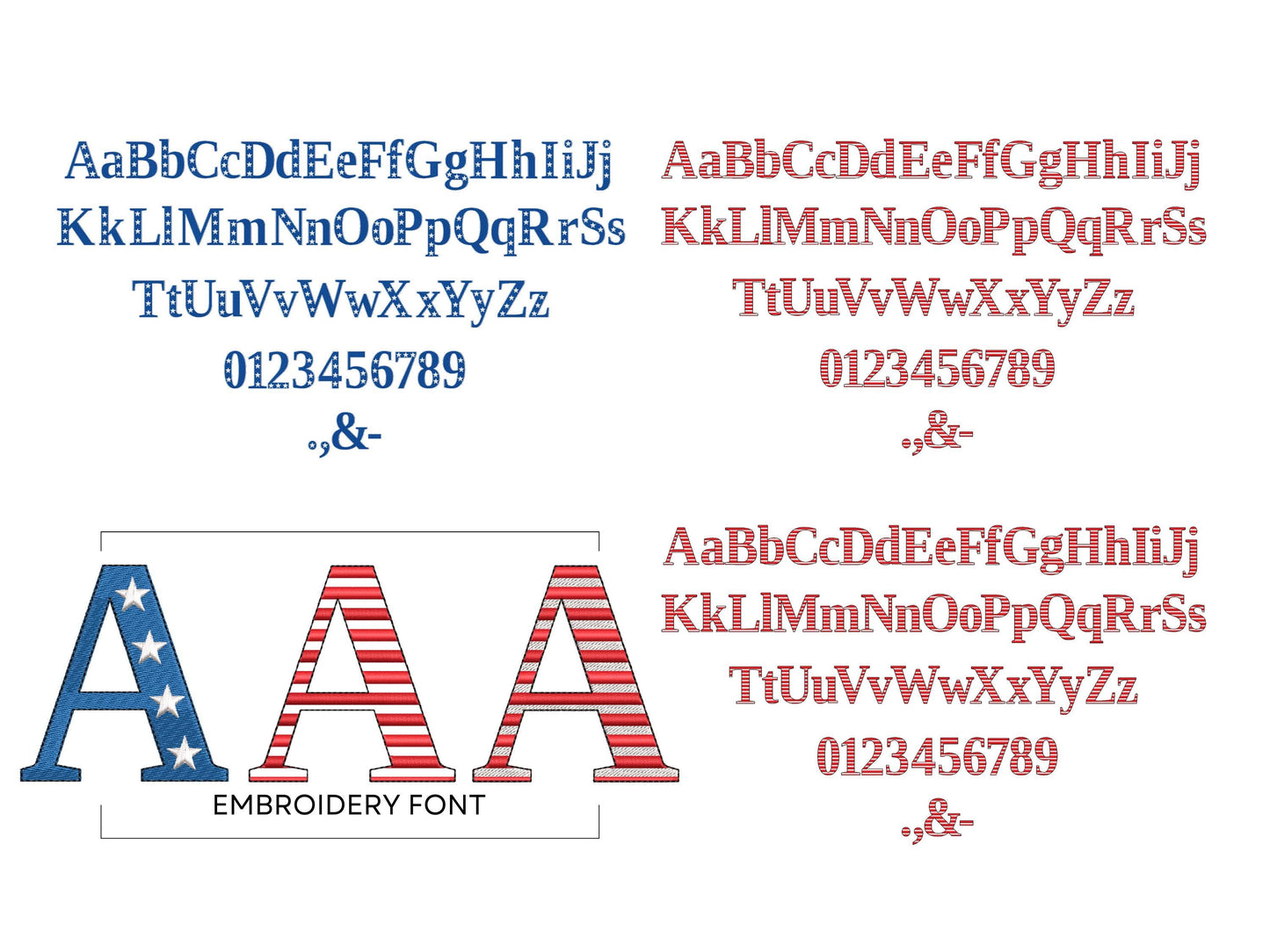 Patriotic block Font SET of 3 types Stars and Stripes alphabet machine embroidery designs 4th of July Monogram sizes 1.2 up to 3.4 inch, BX