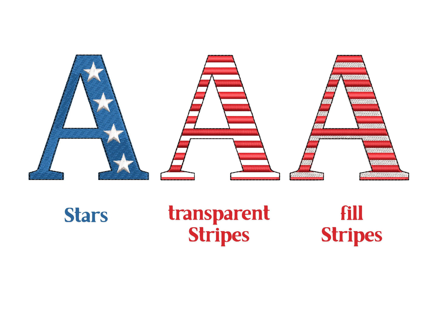 Patriotic block Font SET of 3 types Stars and Stripes alphabet machine embroidery designs 4th of July Monogram sizes 1.2 up to 3.4 inch, BX