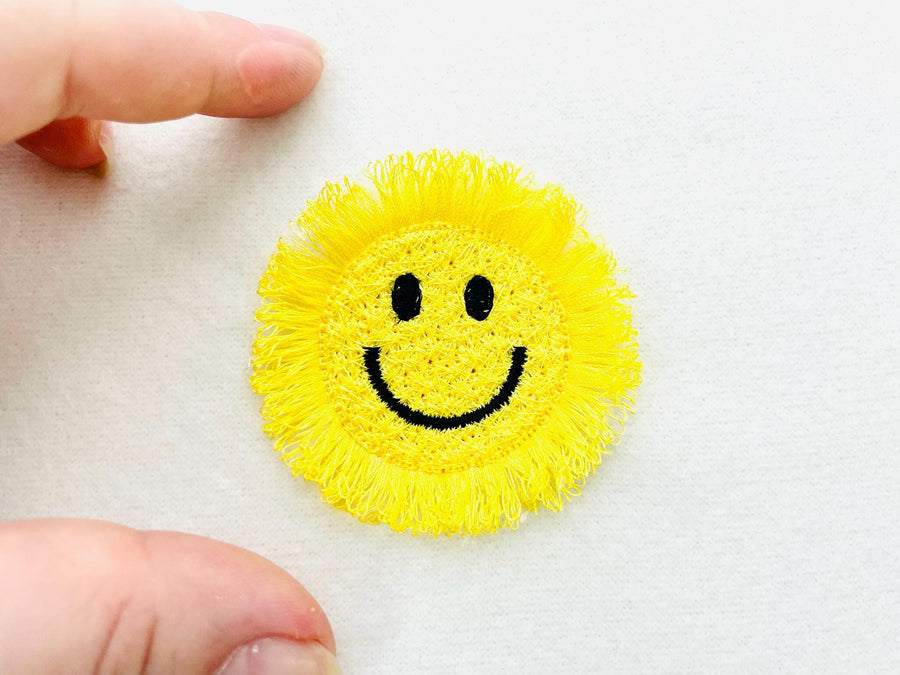 Small Fringed Happy Face, with Chenille effect  fuzzy happy face fringe in the hoop ITH machine embroidery designs sweatshirt cozy vibes - image 1