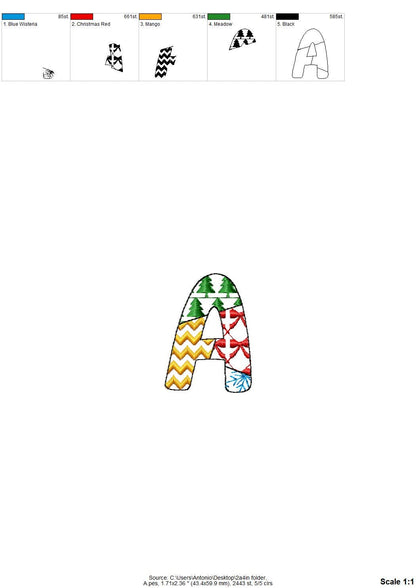 Christmas theme Patterned Font Patchwork alphabet Monogram rounded letters machine embroidery designs