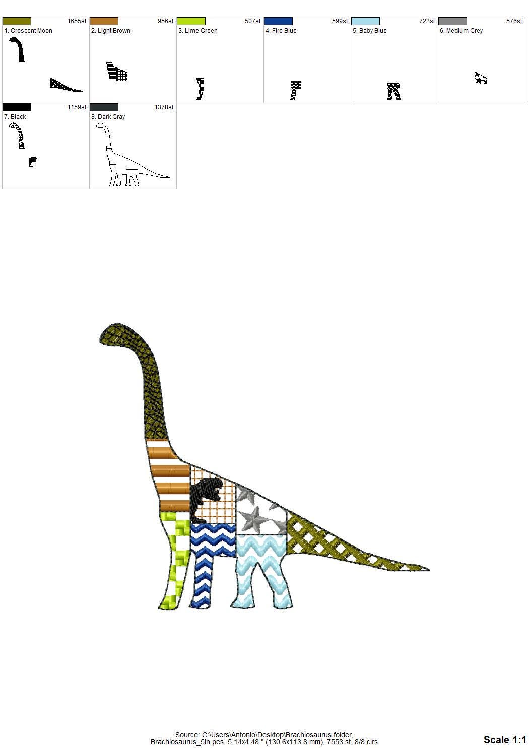 Patchwork Brachiosaurus dinosaur Jurassic animal silhouette patterned outline kids boys machine embroidery designs sizes 5 up to 8 inches