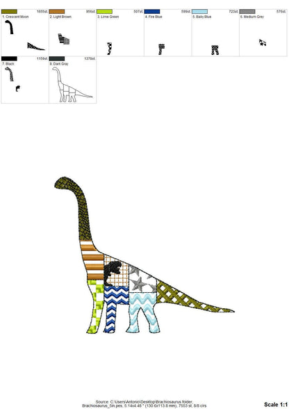 Patchwork Brachiosaurus dinosaur Jurassic animal silhouette patterned outline kids boys machine embroidery designs sizes 5 up to 8 inches