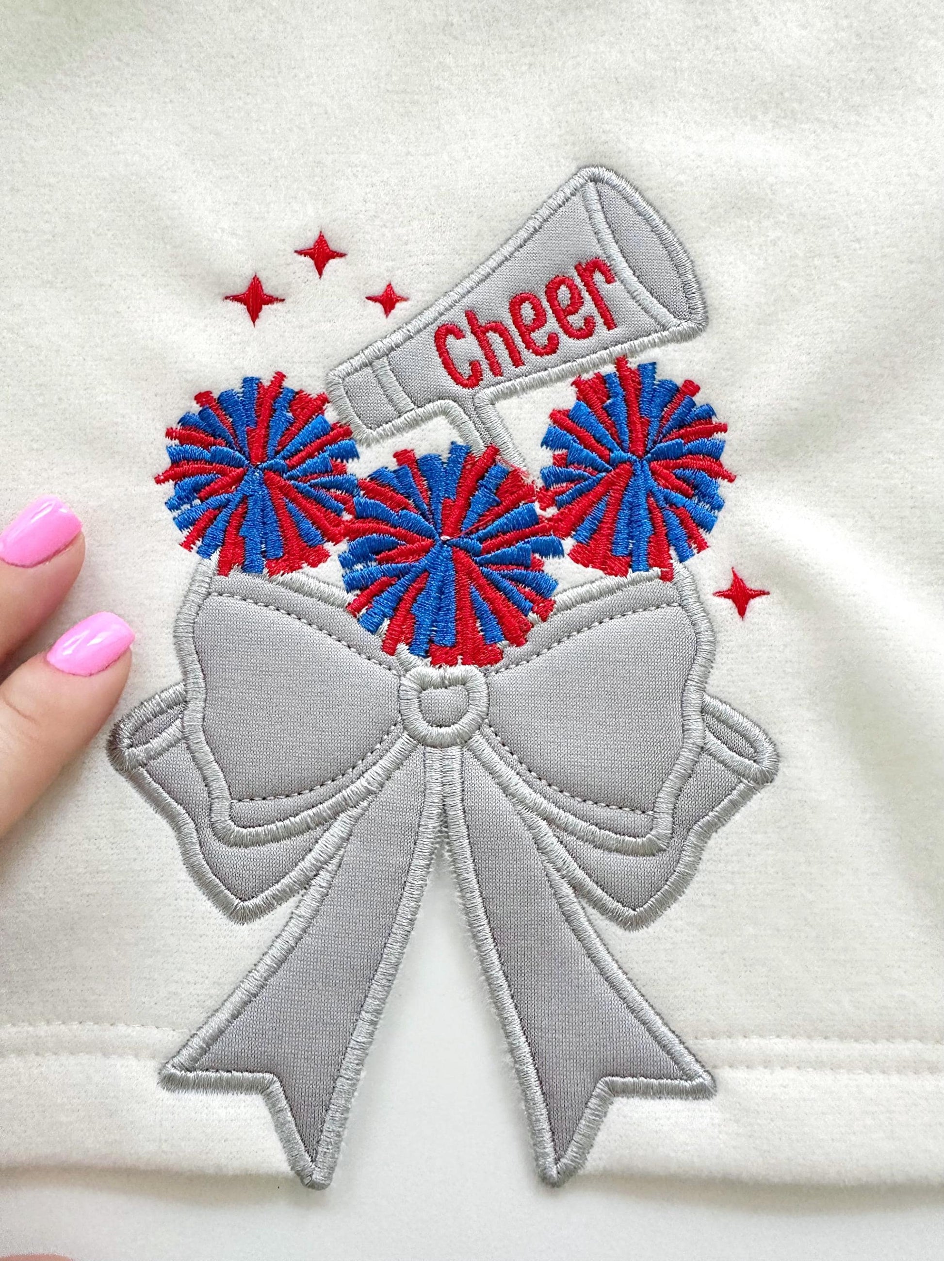 Cheer Sports Cheerleader pompoms easy to do Megaphone Bow Applique side seam Bow machine embroidery designs split seam Girly t-shirt - image 6